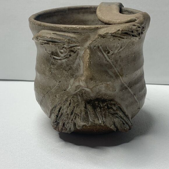 Vtg 1972 Ugly Mustached Whimsical Face Mustache Mug Art Pottery Stoneware - Picture 1 of 10